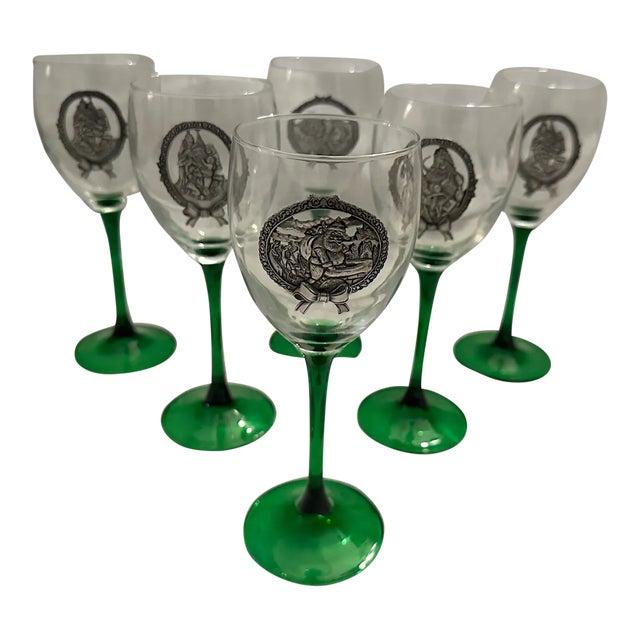 Green Stem Holiday Wine Glasses W/Pewter Santa Detail-Set of 5 For Sale