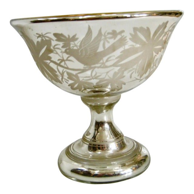 Antique Mercury Glass Silver Hand Painted Vase For Sale