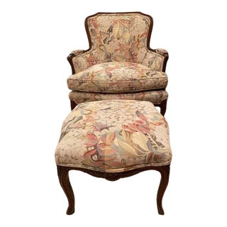 Vintage Brunschwig & Fils Chair and Ottoman For Sale