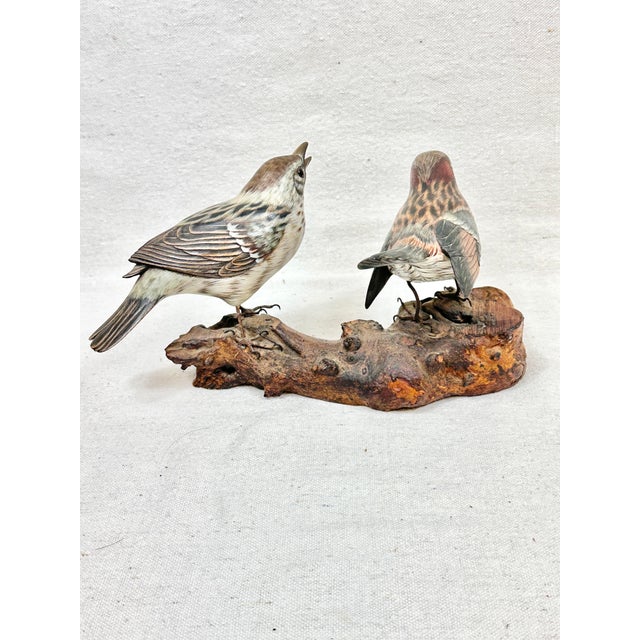 Vintage Hand-Carved & Painted Wooden House Sparrow Bird Sculpture on Driftwood Base For Sale - Image 4 of 12