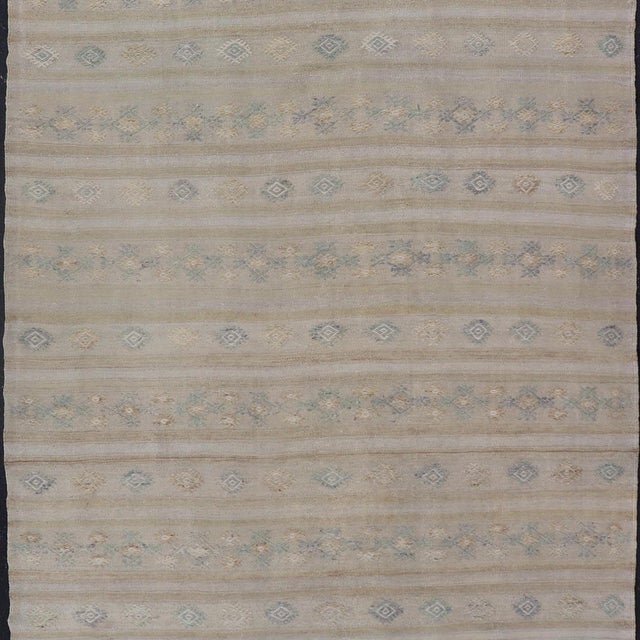 Tribal Turkish Vintage Gallery Flat-Weave Kilim With Stripes and Embroideries For Sale - Image 3 of 12