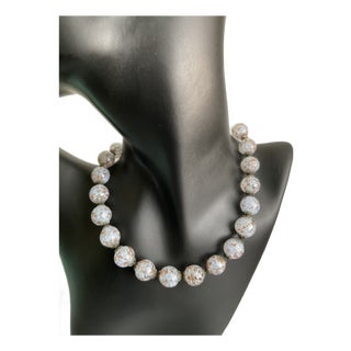 Vintage Italian Murano White & Gold Aventurine Art Glass Bead Choker Necklace – 14” For Sale