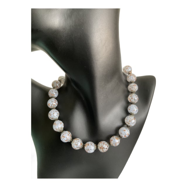 Vintage Italian Murano White & Gold Aventurine Art Glass Bead Choker Necklace – 14” For Sale