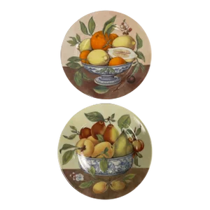 Mid 20th Century Vintage Hand-Painted Fruit Plates Email De Limoges I Godinger Porcelain a Pair