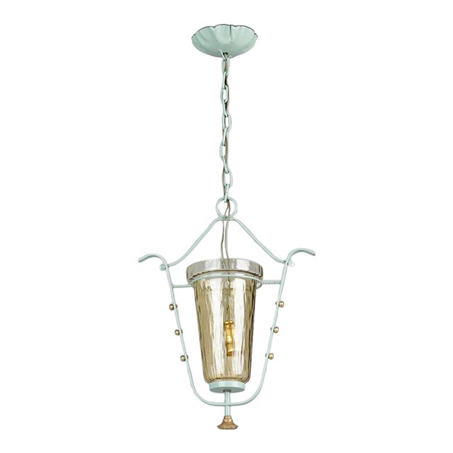 Mid 20th Century Swedish Modern Style Painted Metal & Amber Glass Pendant Ceiling Lamp For Sale
