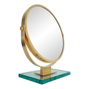 C.1970's Italian Attr; To Fontana Arte' Dual-Sided, Large Vanity Mirror & Magnifier, Brass & Glass