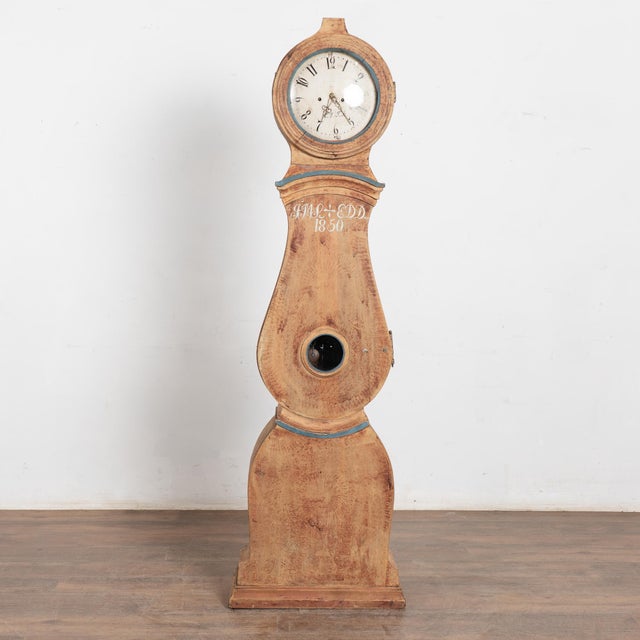 Swedish Mora grandfather clock dated 1850, crafted in pine with original brick-red or burgundy paint now softly scraped to...