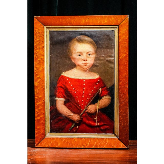 Victorian English School Antique Folk Art Oil Painting Portrait in Burr Wood Frame Home Wall Decor For Sale - Image 3 of 18