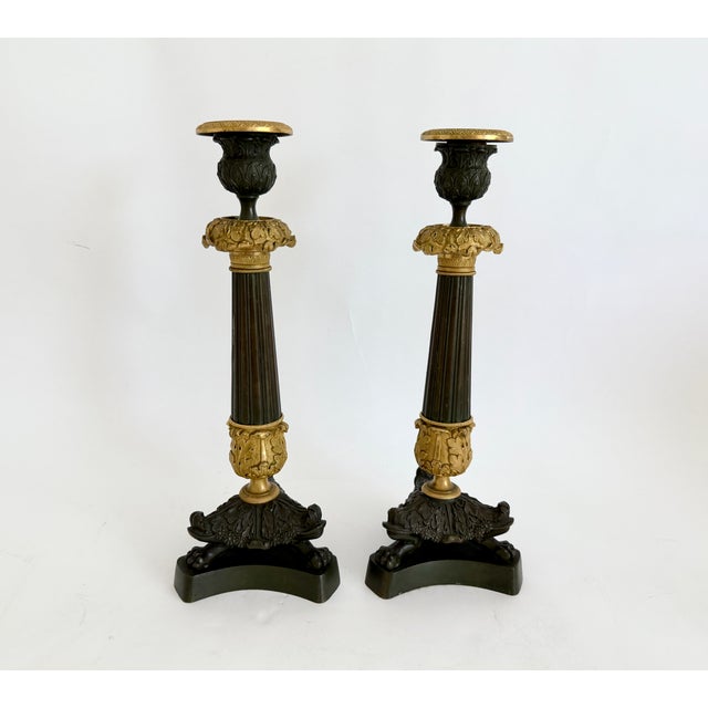 19th C French Charles X Gilt & Patinated Bronze Candlesticks - A Pair For Sale In Los Angeles - Image 6 of 14