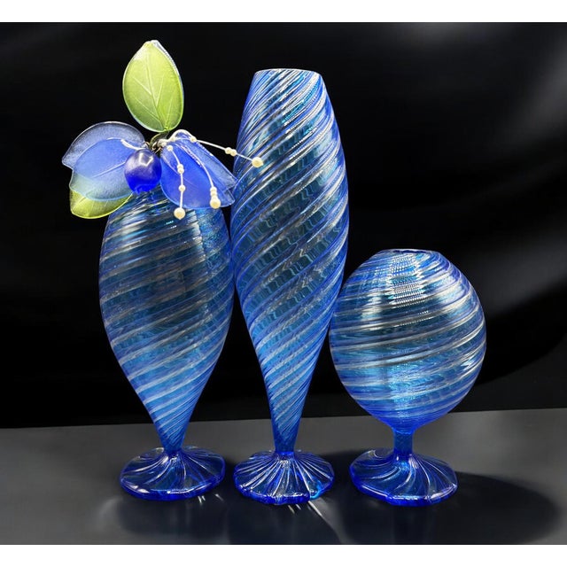 Blue Murano Glass Vases attributed to Novecento Venziano, 1970s, Set of 3 For Sale - Image 9 of 18