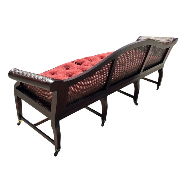 Authenticated Antique Federal Mahogany Caned Settee Sofa, Circa 1800–1815 – Serpentine Back, Reeded Scroll Arms & Original Brass Casters For Sale - Image 16 of 18