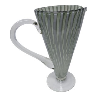 1990s Striped Venetian Style Pitcher Blown Glass Martinis or Water Smoky Gray Green White For Sale