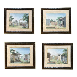 Set of 4 Early 19th Century Chinese Export Gouaches Depicting Scenes From Silk Production, Framed For Sale