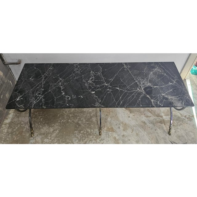 Mid-Century Brushed Metal and Brass Goat Feet Marble Top Coffee Cocktail Table For Sale - Image 4 of 11