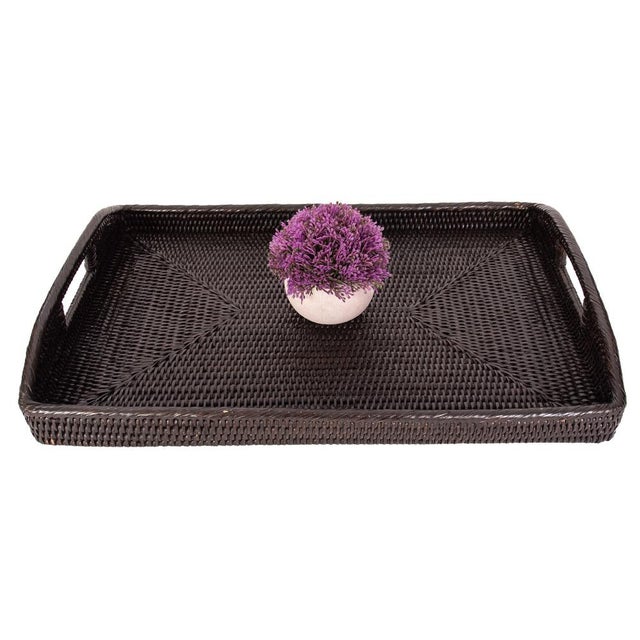 Wood Artifacts Rattan Rectangular Serving Tray with High Handles in Tudor Black - 21" For Sale - Image 7 of 12