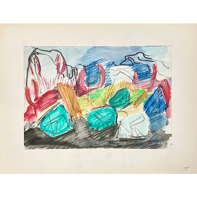 German Abstract Watercolor and Crayon Painting by Andreas Bindl (1928) This is a signed watercolor and crayon abstract...