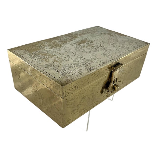 Antique Chinese Brass Dragon Engraved Jewelry or Document Box For Sale