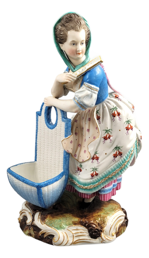 Large Limbach Porcelain & Ceramic Figure of Woman with Basket, Thuringia, 1825