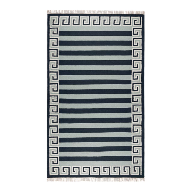 Part & Parcel Goods Wool Stripe Rug, 9' x 12', Sky Blue, Navy and Eggshell For Sale