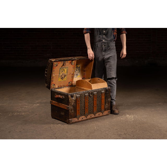 Antique Embossed Metal Dome Top Steamer Trunk For Sale - Image 4 of 11