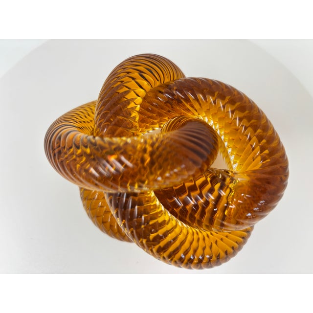 Signed Amber & Cognac Art Glass Infinity Knot Sculpture, Serpentine Texture For Sale - Image 10 of 17