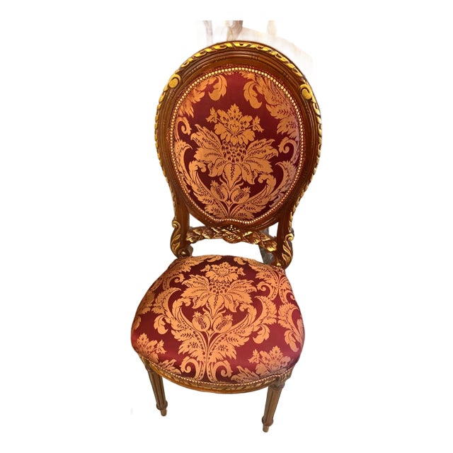 French Louis XVI Style Dining Chair – Burgundy Damask Upholstery & Carved Wood Frame For Sale