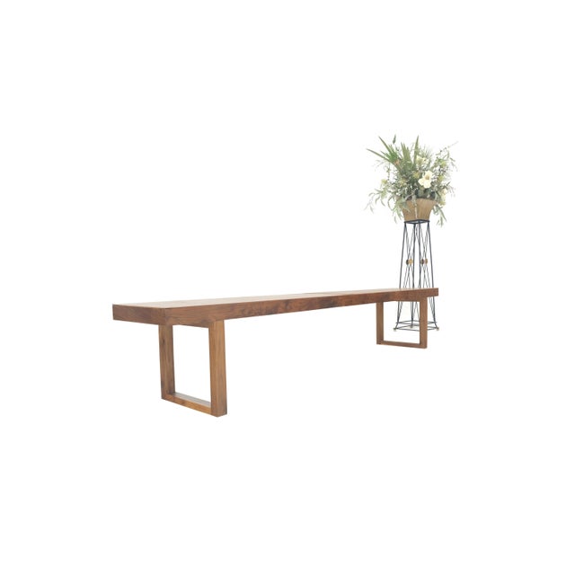 Slim Profile Solid Walnut Frame Integrated leather Cushion 7.5' Long Bench For Sale - Image 10 of 12
