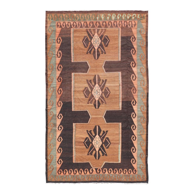 Vintage Turkish Kars Kilim With Bold Medallions in Warm Brown, Orange, and Sage For Sale