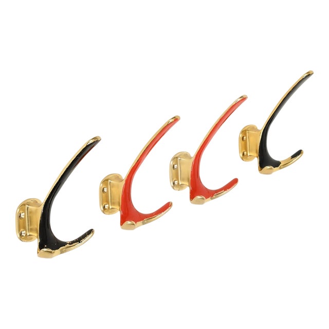 Mid-Century Brass and Coral Red and Black Enamel Coat Hooks, Italy, 1950s, Set of 4 For Sale