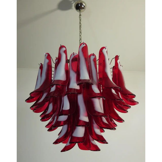 Mid-Century Modern Italian Murano Chandelier – Mazzega – 53 Red Lattimo Glass Petals For Sale - Image 3 of 6