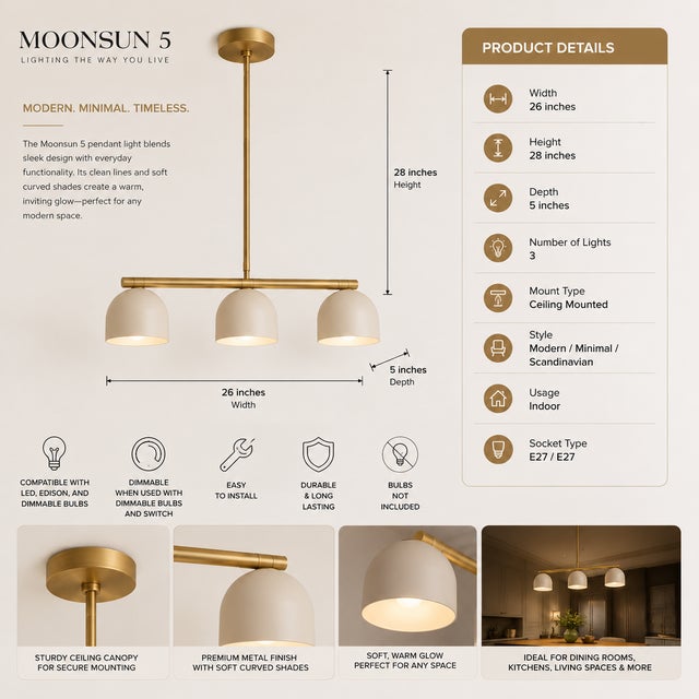Contemporary Modern Linear Chandelier 3 Light, Matte Off White Dome Pendant Light Brass Dining Room Fixture, Kitchen Island Lighting, Minimalist Light For Sale - Image 3 of 16