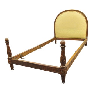 Antique French Louis XVI Twin Sz Italian Carved Walnut Bed Upholstered Headboard For Sale