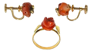 Vintage 18Kt Gold/ Coral Set of Earrings and Ring Size 4
