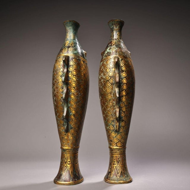 Asian Pair of Vintage Bronze Fish Vases With Gold Inlay - 3.3 LBS Each For Sale - Image 3 of 9