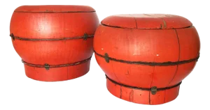 Pair of 1950s Chinese Red Lacquered Wood Rice Bucket Decorative Box With Lid