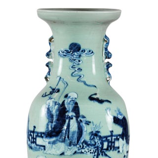 Chinese Blue and White Porcelain Altar Vase With Immortal Figures and Celadon Tint For Sale