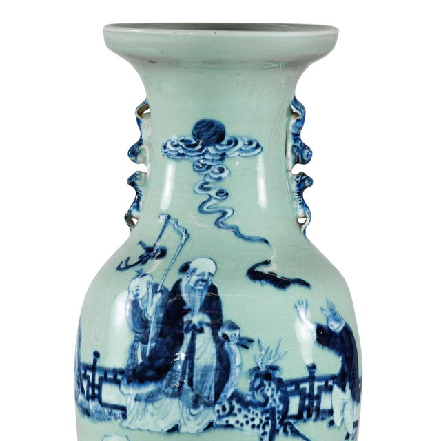Chinese Blue and White Porcelain Altar Vase With Immortal Figures and Celadon Tint For Sale