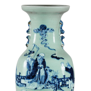 Chinese Blue and White Porcelain Altar Vase With Immortal Figures and Celadon Tint