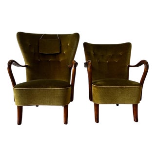 Vintage Danish Lounge Chairs in Green Velvet by Alfred Christensen, 1940s, Set of 2 For Sale