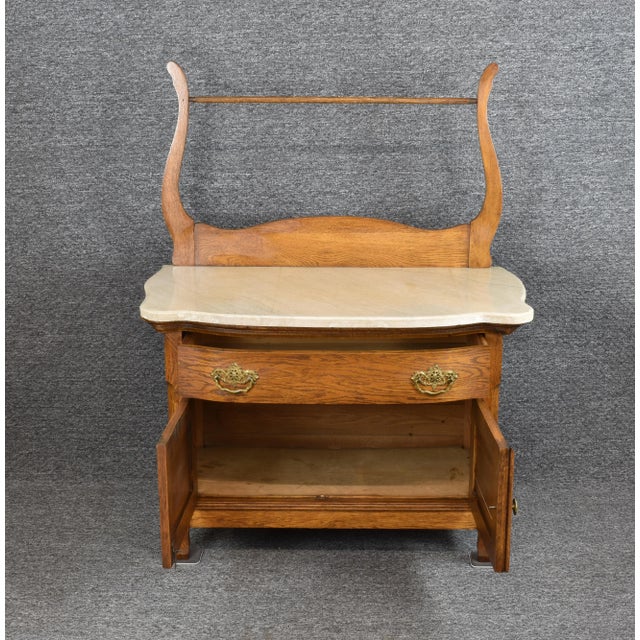 Wood Antique Serpentine Marble Top Tiger Oak Dresser Entry Washstand For Sale - Image 7 of 12