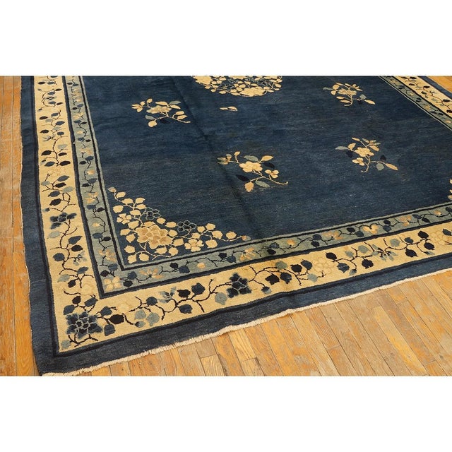 Art Deco Classic Ivory Blue Color Antique Floral Medallion Pattern Chinese Peking Rug For Sale - Image 3 of 9