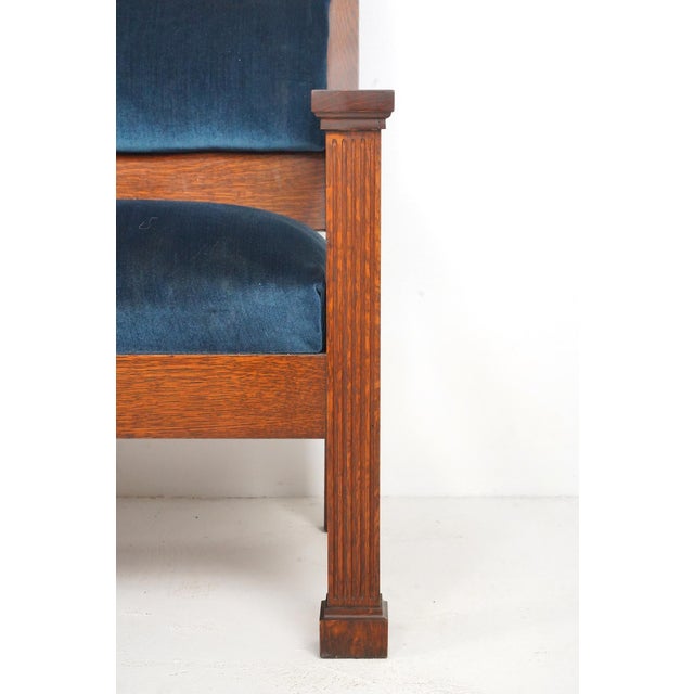 Mid 20th Century Traditional 96.375 In. Blue Velvet Walnut Settee Bench For Sale - Image 4 of 11