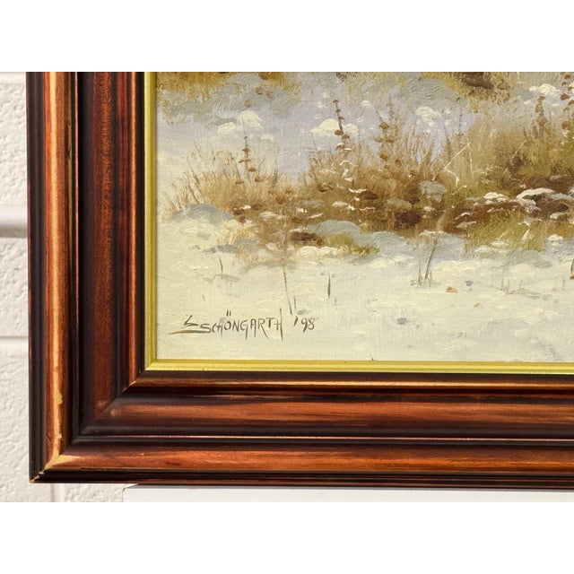 Winter Snow Scene with Pheasants with Golden Sky by 20th Century German Artist 1998 For Sale - Image 6 of 9