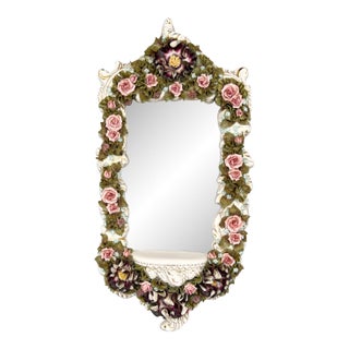 Mid-Century Signed Italian Porcelain Floral Wall Frame With Shelf – Italian / Romantic / Rococo Revival / Capodimonte Style For Sale