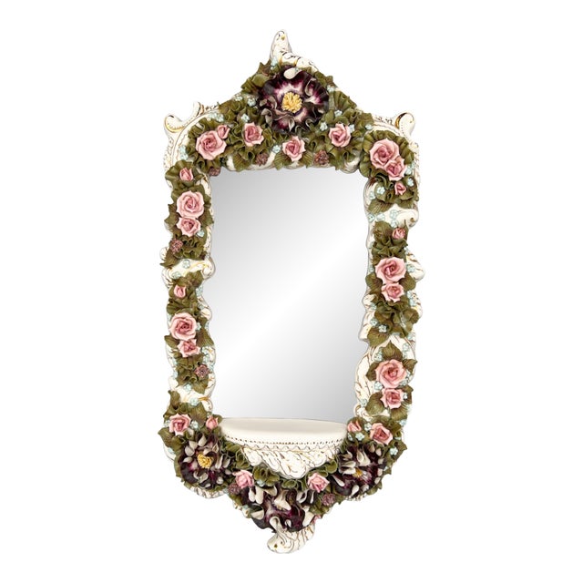 Mid-Century Signed Italian Porcelain Floral Wall Frame With Shelf – Italian / Romantic / Rococo Revival / Capodimonte Style For Sale