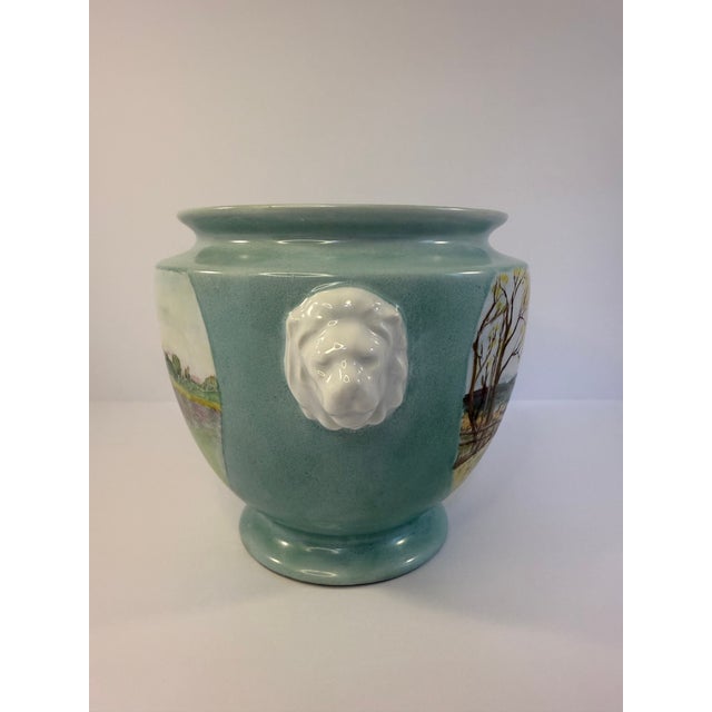 Ceramic Aqua Jardiniere or Planter With Pastoral Landscape Scenes For Sale - Image 7 of 9