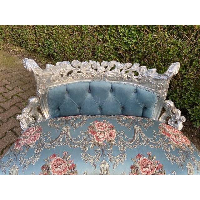 1970s French Louis XVI Blue Silver Beech Settee 1 Pc For Sale - Image 9 of 15