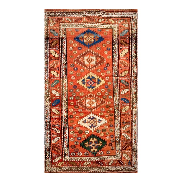 1900s Small Scatter Antique Orange Apricot Tribal Geometric Kurdish Area Rug For Sale
