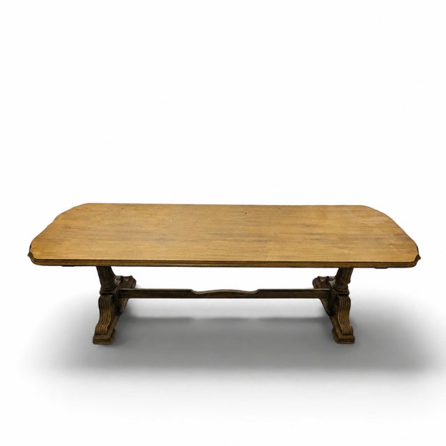 Yellow Vintage Butter Yellow Painted Trestle Sofa Table With Scalloped Top For Sale - Image 8 of 18