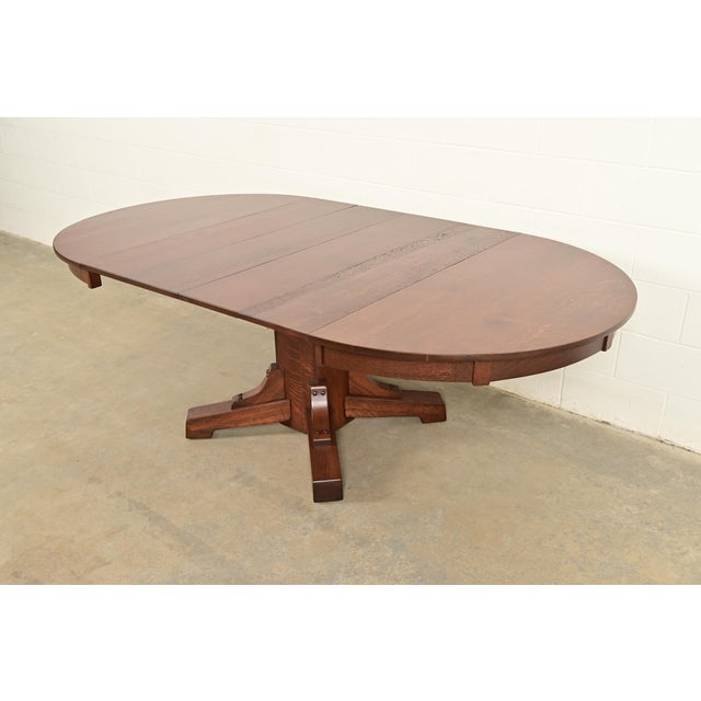 Stickley Brothers Antique Mission Oak Arts & Crafts Pedestal Extension Dining Table, Newly Refinished For Sale - Image 9 of 15